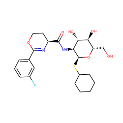 O=C(N[C@@H]1[C@H](SC2CCCCC2)O[C@@H](CO)[C@H](O)[C@H]1O)[C@@H]1CCOC(c2cccc(F)c2)=N1 ZINC000028826577