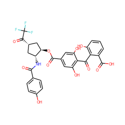 O=C(N[C@@H]1C[C@H](C(=O)C(F)(F)F)C[C@H]1OC(=O)c1cc(O)c(C(=O)c2c(O)cccc2C(=O)O)c(O)c1)c1ccc(O)cc1 ZINC000026403252