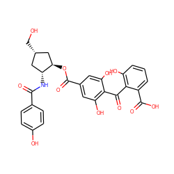 O=C(N[C@@H]1C[C@H](CO)C[C@H]1OC(=O)c1cc(O)c(C(=O)c2c(O)cccc2C(=O)O)c(O)c1)c1ccc(O)cc1 ZINC000026386467