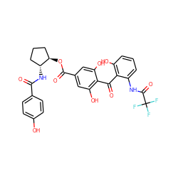 O=C(N[C@@H]1CCC[C@H]1OC(=O)c1cc(O)c(C(=O)c2c(O)cccc2NC(=O)C(F)(F)F)c(O)c1)c1ccc(O)cc1 ZINC000014944154