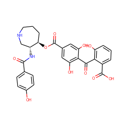 O=C(N[C@@H]1CNCCC[C@H]1OC(=O)c1cc(O)c(C(=O)c2c(O)cccc2C(=O)O)c(O)c1)c1ccc(O)cc1 ZINC000003871640