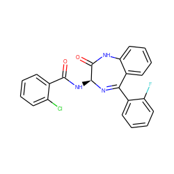 O=C(N[C@@H]1N=C(c2ccccc2F)c2ccccc2NC1=O)c1ccccc1Cl ZINC000013601570