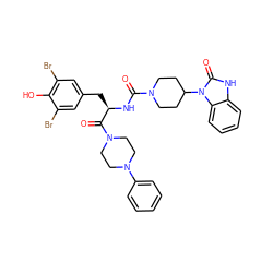 O=C(N[C@H](Cc1cc(Br)c(O)c(Br)c1)C(=O)N1CCN(c2ccccc2)CC1)N1CCC(n2c(=O)[nH]c3ccccc32)CC1 ZINC000003966493