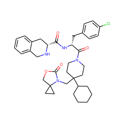 O=C(N[C@H](Cc1ccc(Cl)cc1)C(=O)N1CCC(CN2C(=O)OCC23CC3)(C2CCCCC2)CC1)[C@H]1Cc2ccccc2CN1 ZINC000028570669