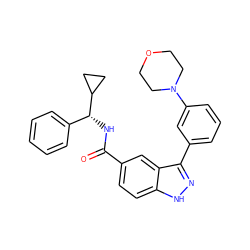 O=C(N[C@H](c1ccccc1)C1CC1)c1ccc2[nH]nc(-c3cccc(N4CCOCC4)c3)c2c1 ZINC000147951512