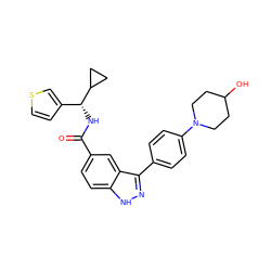 O=C(N[C@H](c1ccsc1)C1CC1)c1ccc2[nH]nc(-c3ccc(N4CCC(O)CC4)cc3)c2c1 ZINC000147972696