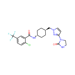 O=C(N[C@H]1CC[C@H](Cn2ccc(N3CCNC3=O)n2)CC1)c1cc(C(F)(F)F)ccc1Cl ZINC000261189558