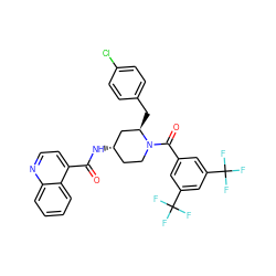 O=C(N[C@H]1CCN(C(=O)c2cc(C(F)(F)F)cc(C(F)(F)F)c2)[C@H](Cc2ccc(Cl)cc2)C1)c1ccnc2ccccc12 ZINC000003946509