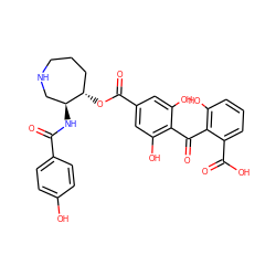 O=C(N[C@H]1CNCCC[C@@H]1OC(=O)c1cc(O)c(C(=O)c2c(O)cccc2C(=O)O)c(O)c1)c1ccc(O)cc1 ZINC000003871639