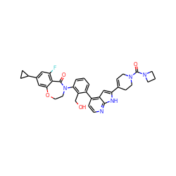 O=C(N1CC=C(c2cc3c(-c4cccc(N5CCOc6cc(C7CC7)cc(F)c6C5=O)c4CO)ccnc3[nH]2)CC1)N1CCC1 ZINC000205736783