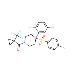 O=C(N1CCC(c2cc(F)ccc2F)(S(=O)(=O)c2ccc(Cl)cc2)CC1)C1(C(F)(F)F)CC1 ZINC000084586991