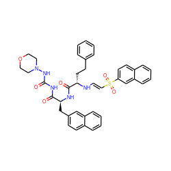 O=C(NC(=O)[C@H](Cc1ccc2ccccc2c1)NC(=O)[C@H](CCc1ccccc1)N/C=C/S(=O)(=O)c1ccc2ccccc2c1)NN1CCOCC1 ZINC000150563563