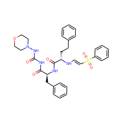 O=C(NC(=O)[C@H](Cc1ccccc1)NC(=O)[C@H](CCc1ccccc1)N/C=C/S(=O)(=O)c1ccccc1)NN1CCOCC1 ZINC000100720928