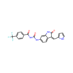 O=C(NC(=O)c1ccc(C(F)(F)F)cc1)Nc1ccc2c(c1)NC(=O)/C2=C\c1ccc[nH]1 ZINC000205826861