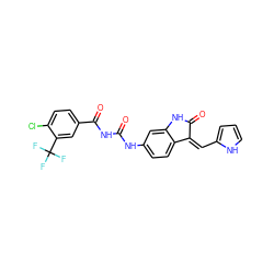 O=C(NC(=O)c1ccc(Cl)c(C(F)(F)F)c1)Nc1ccc2c(c1)NC(=O)/C2=C\c1ccc[nH]1 ZINC000205826837