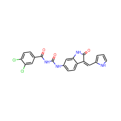 O=C(NC(=O)c1ccc(Cl)c(Cl)c1)Nc1ccc2c(c1)NC(=O)/C2=C\c1ccc[nH]1 ZINC000205826810