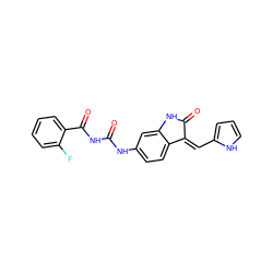 O=C(NC(=O)c1ccccc1F)Nc1ccc2c(c1)NC(=O)/C2=C\c1ccc[nH]1 ZINC000221483279