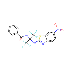 O=C(NC(Nc1nc2ccc([N+](=O)[O-])cc2s1)(C(F)(F)F)C(F)(F)F)c1ccccc1 ZINC000002050344