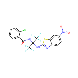 O=C(NC(Nc1nc2ccc([N+](=O)[O-])cc2s1)(C(F)(F)F)C(F)(F)F)c1ccccc1Cl ZINC000002050345