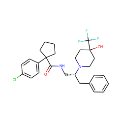 O=C(NC[C@@H](Cc1ccccc1)N1CCC(O)(C(F)(F)F)CC1)C1(c2ccc(Cl)cc2)CCCC1 ZINC000606301607