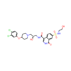 O=C(NC[C@@H](O)CN1CCC(Oc2ccc(Cl)c(Cl)c2)CC1)c1c[nH]c(=O)c2cc(S(=O)(=O)NCCO)ccc12 ZINC000095564332