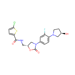 O=C(NC[C@@H]1CN(c2ccc(N3CC[C@@H](O)C3)c(F)c2)C(=O)O1)c1ccc(Cl)s1 ZINC000113086856