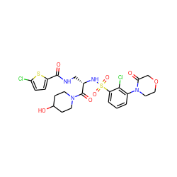 O=C(NC[C@H](NS(=O)(=O)c1cccc(N2CCOCC2=O)c1Cl)C(=O)N1CCC(O)CC1)c1ccc(Cl)s1 ZINC000103240200