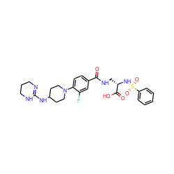 O=C(NC[C@H](NS(=O)(=O)c1ccccc1)C(=O)O)c1ccc(N2CCC(NC3=NCCCN3)CC2)c(F)c1 ZINC000003941509