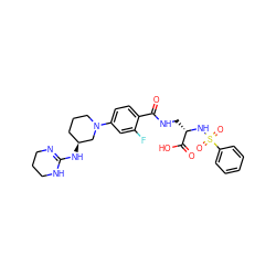 O=C(NC[C@H](NS(=O)(=O)c1ccccc1)C(=O)O)c1ccc(N2CCC[C@H](NC3=NCCCN3)C2)cc1F ZINC000042799736