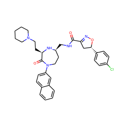 O=C(NC[C@H]1CCN(c2ccc3ccccc3c2)C(=O)[C@@H](CCN2CCCCC2)N1)C1=NO[C@H](c2ccc(Cl)cc2)C1 ZINC001772628898