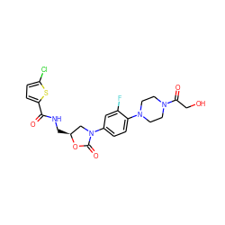 O=C(NC[C@H]1CN(c2ccc(N3CCN(C(=O)CO)CC3)c(F)c2)C(=O)O1)c1ccc(Cl)s1 ZINC000113087256