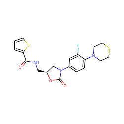 O=C(NC[C@H]1CN(c2ccc(N3CCSCC3)c(F)c2)C(=O)O1)c1cccs1 ZINC000028526583