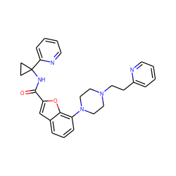 O=C(NC1(c2ccccn2)CC1)c1cc2cccc(N3CCN(CCc4ccccn4)CC3)c2o1 ZINC000149353140