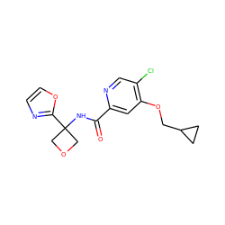 O=C(NC1(c2ncco2)COC1)c1cc(OCC2CC2)c(Cl)cn1 ZINC000149229262