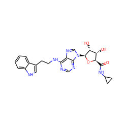 O=C(NC1CC1)[C@H]1O[C@@H](n2cnc3c(NCCc4c[nH]c5ccccc45)ncnc32)[C@H](O)[C@@H]1O ZINC000012405748