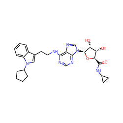 O=C(NC1CC1)[C@H]1O[C@@H](n2cnc3c(NCCc4cn(C5CCCC5)c5ccccc45)ncnc32)[C@H](O)[C@@H]1O ZINC000003930721