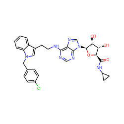 O=C(NC1CC1)[C@H]1O[C@@H](n2cnc3c(NCCc4cn(Cc5ccc(Cl)cc5)c5ccccc45)ncnc32)[C@H](O)[C@@H]1O ZINC000012405740