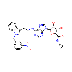 O=C(NC1CC1)[C@H]1O[C@@H](n2cnc3c(NCCc4cn(Cc5cccc([N+](=O)[O-])c5)c5ccccc45)ncnc32)[C@H](O)[C@@H]1O ZINC000012405758