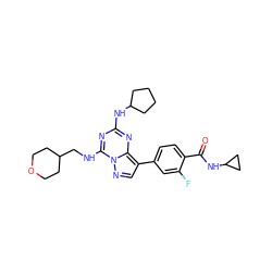 O=C(NC1CC1)c1ccc(-c2cnn3c(NCC4CCOCC4)nc(NC4CCCC4)nc23)cc1F ZINC000221954990