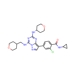 O=C(NC1CC1)c1ccc(-c2cnn3c(NCC4CCOCC4)nc(NC4CCOCC4)nc23)cc1Cl ZINC000653857970