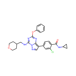 O=C(NC1CC1)c1ccc(-c2cnn3c(NCC4CCOCC4)nc(Oc4ccccc4)nc23)cc1Cl ZINC000221952735