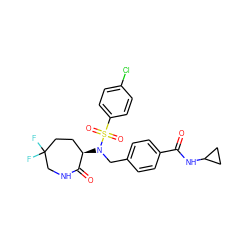 O=C(NC1CC1)c1ccc(CN([C@@H]2CCC(F)(F)CNC2=O)S(=O)(=O)c2ccc(Cl)cc2)cc1 ZINC000029130173