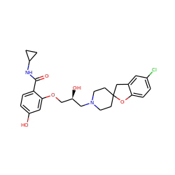 O=C(NC1CC1)c1ccc(O)cc1OC[C@@H](O)CN1CCC2(CC1)Cc1cc(Cl)ccc1O2 ZINC000038660068