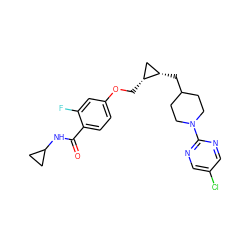 O=C(NC1CC1)c1ccc(OC[C@@H]2C[C@@H]2CC2CCN(c3ncc(Cl)cn3)CC2)cc1F ZINC000071333751