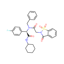 O=C(NC1CCCCC1)[C@@H](c1ccc(F)cc1)N(Cc1ccccc1)C(=O)CN1C(=O)c2ccccc2S1(=O)=O ZINC000008686755