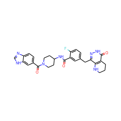 O=C(NC1CCN(C(=O)c2ccc3nc[nH]c3c2)CC1)c1cc(Cc2n[nH]c(=O)c3c2NCCC3)ccc1F ZINC000140295736