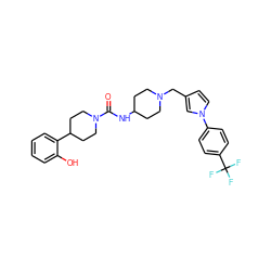 O=C(NC1CCN(Cc2ccn(-c3ccc(C(F)(F)F)cc3)c2)CC1)N1CCC(c2ccccc2O)CC1 ZINC000043123623