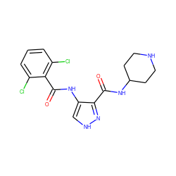 O=C(NC1CCNCC1)c1n[nH]cc1NC(=O)c1c(Cl)cccc1Cl ZINC000016052857