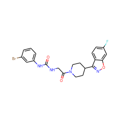 O=C(NCC(=O)N1CCC(c2noc3cc(F)ccc23)CC1)Nc1cccc(Br)c1 ZINC000095596928