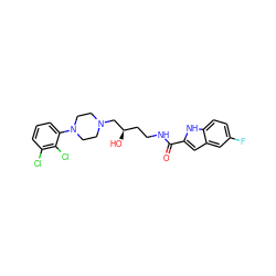 O=C(NCC[C@@H](O)CN1CCN(c2cccc(Cl)c2Cl)CC1)c1cc2cc(F)ccc2[nH]1 ZINC000066136701